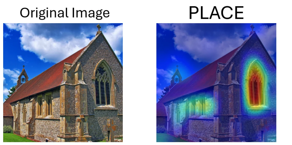 Two images of a church: the original photo, and the PLACE heatmap of one concept, which lights up the large gothic window.