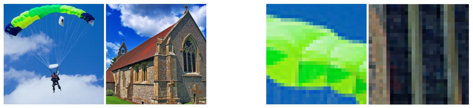 Left: a parachute and a church at full resolution, as PLACE sees them. Right: pixelated, upscaled crops of the same images, as crop-and-resize methods feed them to the model.
