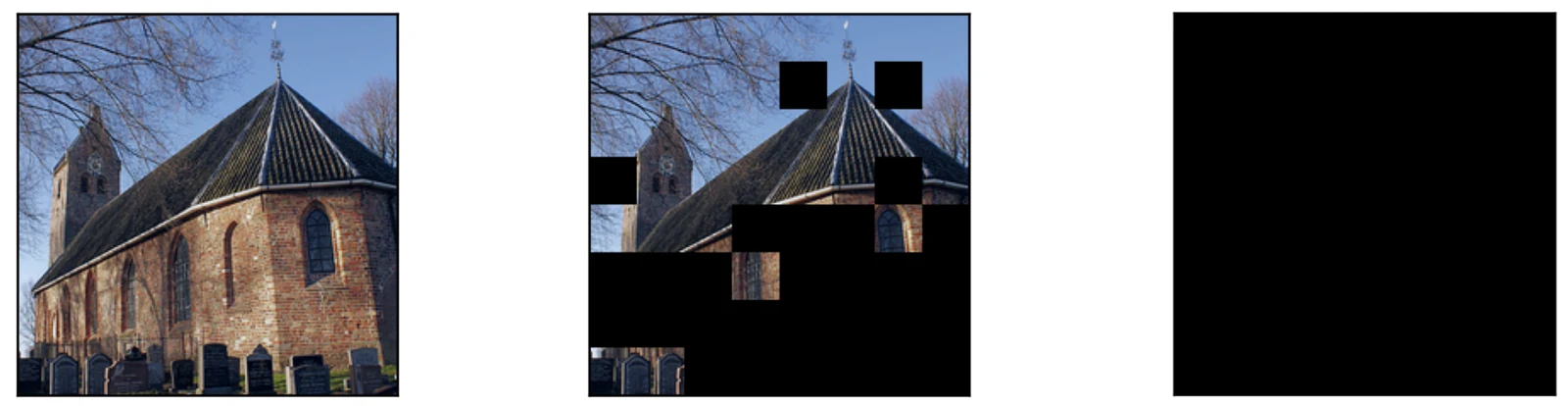 Three images of a church: the original, the same image with many patches masked in black, and a fully black image.