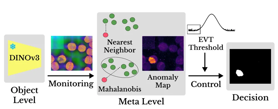 Anomaly detection as a two-level system: a frozen DINOv3 encoder is the object level, the Nearest-Neighbor or Mahalanobis scorer the meta level, and an EVT threshold turns its anomaly map into a decision.